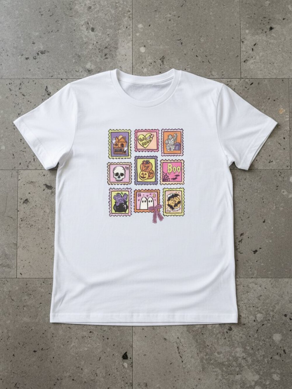 Cute Halloween Stamp Graphic T-Shirt | Retro Spooky Ghost Pumpkin Tee